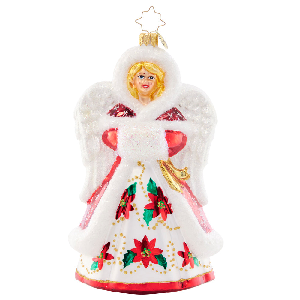 Front - Ornament Description - Holiday Joy Angel: Positively angelic in classic Christmas poinsettias, this gorgeous guardian is ready to grace your tree with joy and love.