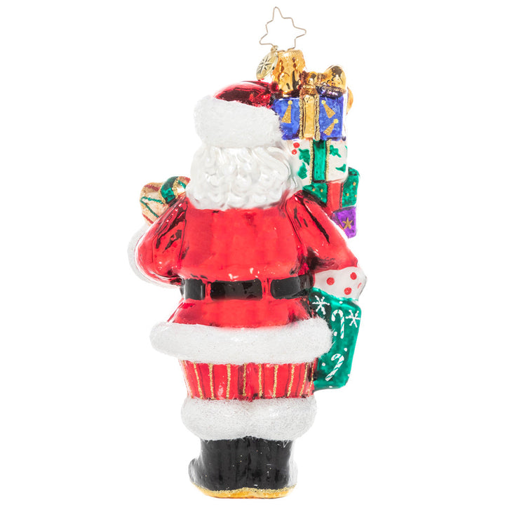 Back - Ornament Description - Front Santa With Love: Someone's been extra good this year! Santa has spared no expense, his arms laden and piled high with brightly wrapped parcels sure to delight!