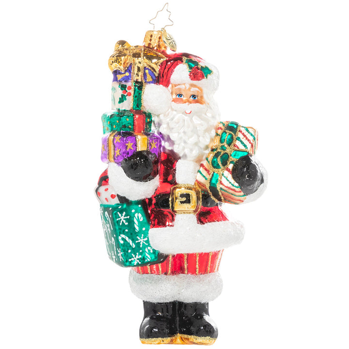Front- Ornament Description - Front Santa With Love: Someone's been extra good this year! Santa has spared no expense, his arms laden and piled high with brightly wrapped parcels sure to delight!