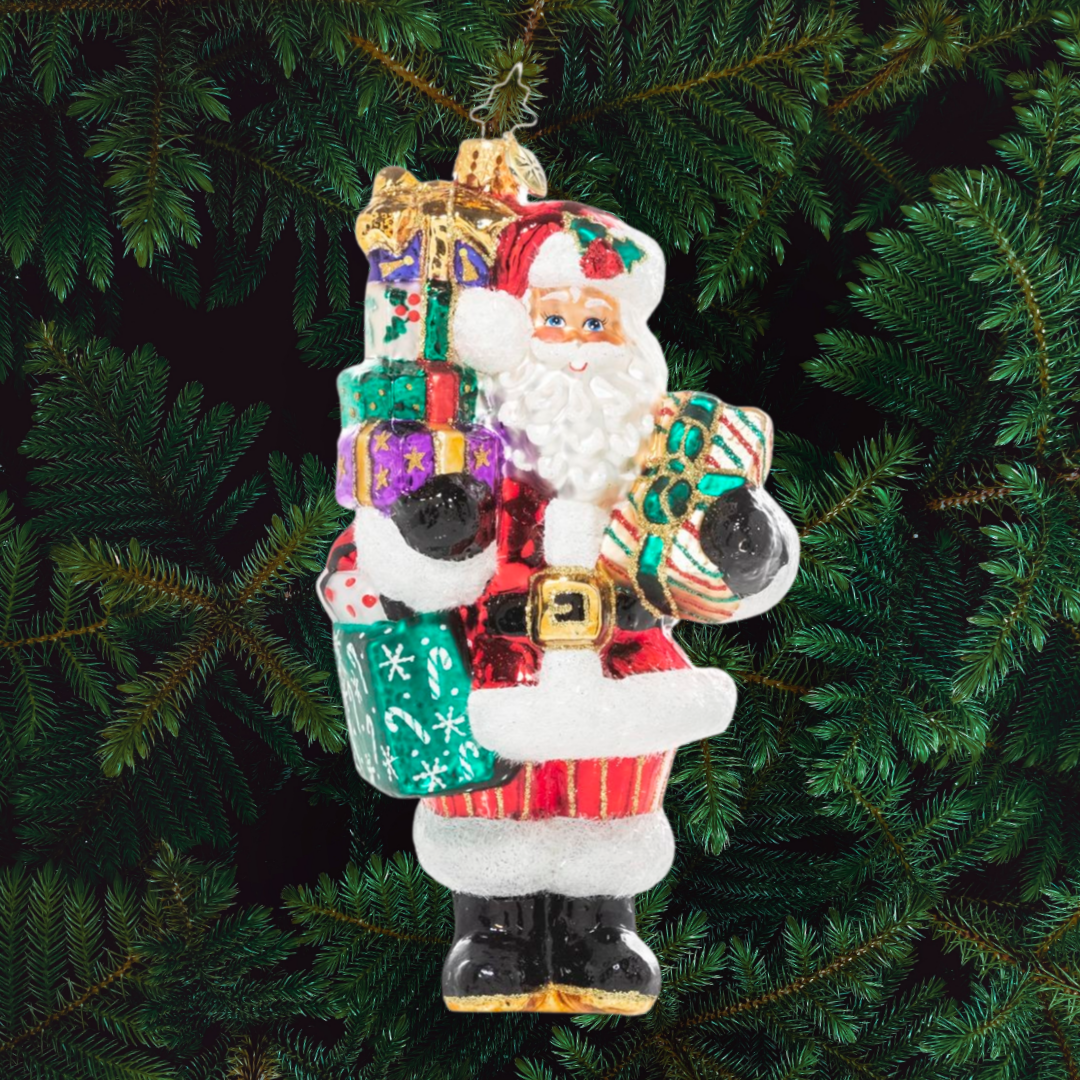 Ornament Description - Front Santa With Love: Someone's been extra good this year! Santa has spared no expense, his arms laden and piled high with brightly wrapped parcels sure to delight!