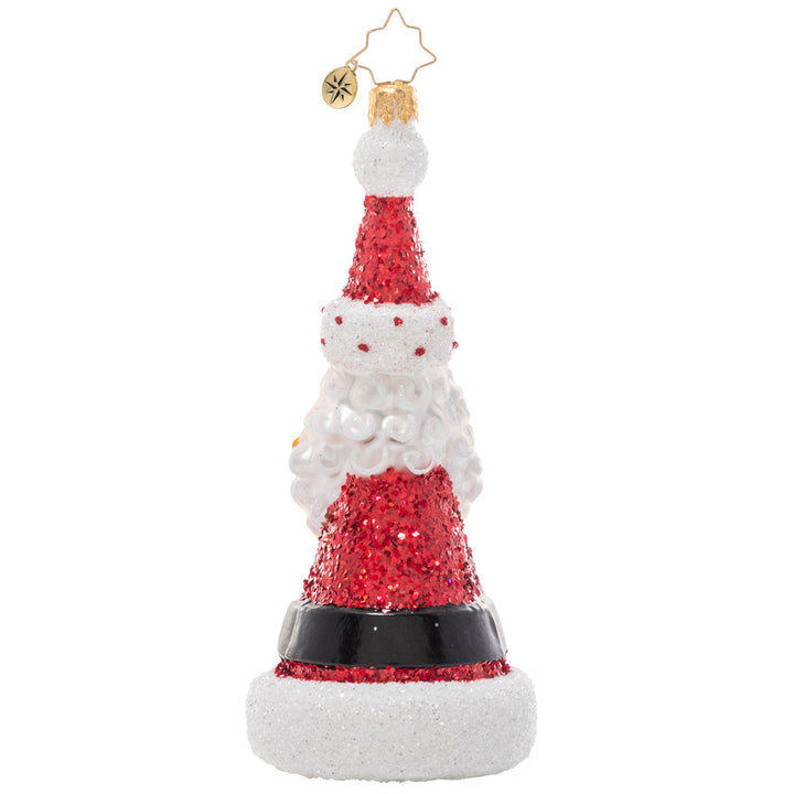 Back - Ornament description - Spangled Santa: This whimsical Santa ornament is shaped just like his famous hat! With sparkling stars strewn throughout his beard, one look at this whimsical piece is sure to inspire holiday cheer.