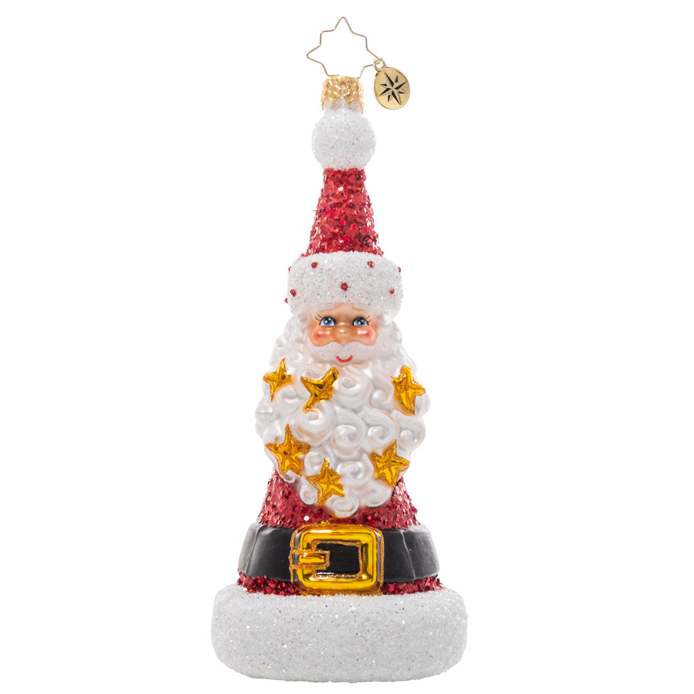 Front - Ornament description - Spangled Santa: This whimsical Santa ornament is shaped just like his famous hat! With sparkling stars strewn throughout his beard, one look at this whimsical piece is sure to inspire holiday cheer.