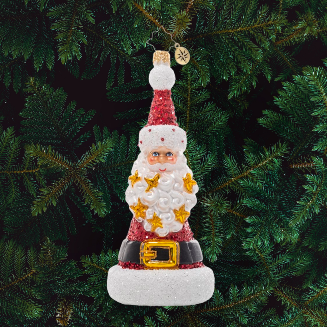 Ornament description - Spangled Santa: This whimsical Santa ornament is shaped just like his famous hat! With sparkling stars strewn throughout his beard, one look at this whimsical piece is sure to inspire holiday cheer.
