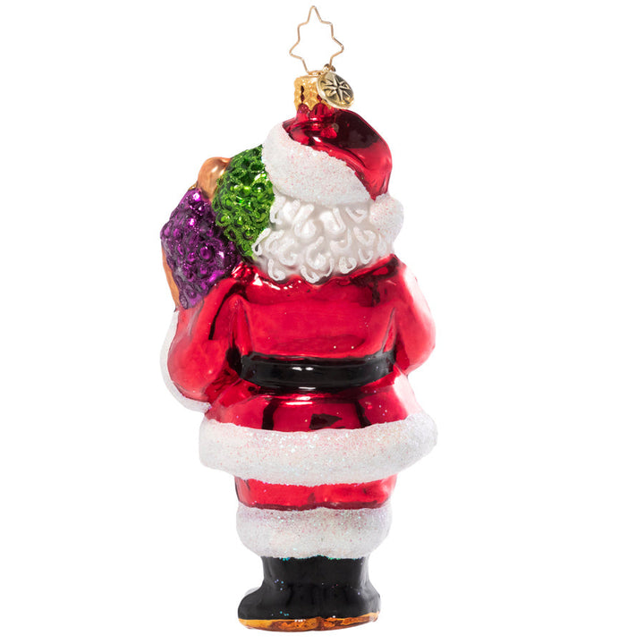 Back - Ornament Description - Wine Night Santa: Santa didn't forget the grownups on his good list this year – he comes bearing gifts of wine, cheese and baguettes. Cheers everybody!