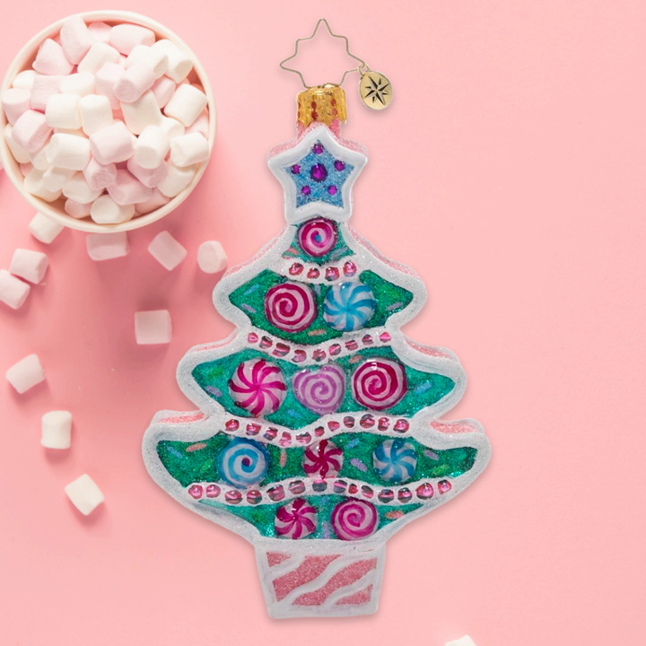 Ornament Description - Christmas Cookie Tree: Freshly frosted and festive! A cute pastel cookie tree decorated with Christmas candies –nothing could be sweeter!