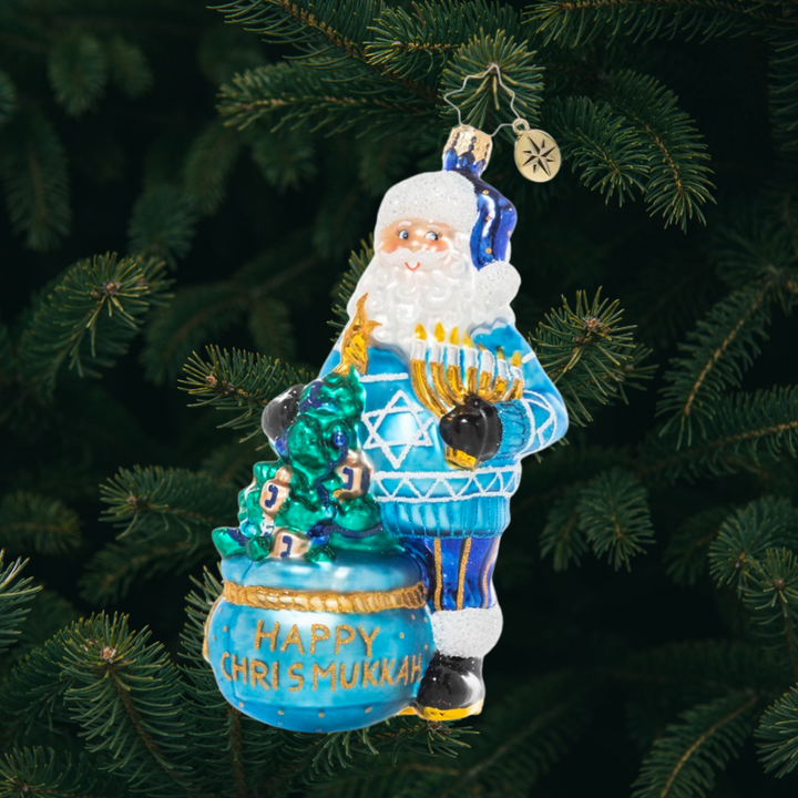 Ornament Description - Best of Both Worlds: The Holidays are a time of celebration for many cultures and Santa doesn't discriminate! He is excited to spread good cheer to all and celebrate all holidays. Happy Chrismukkah to all!
