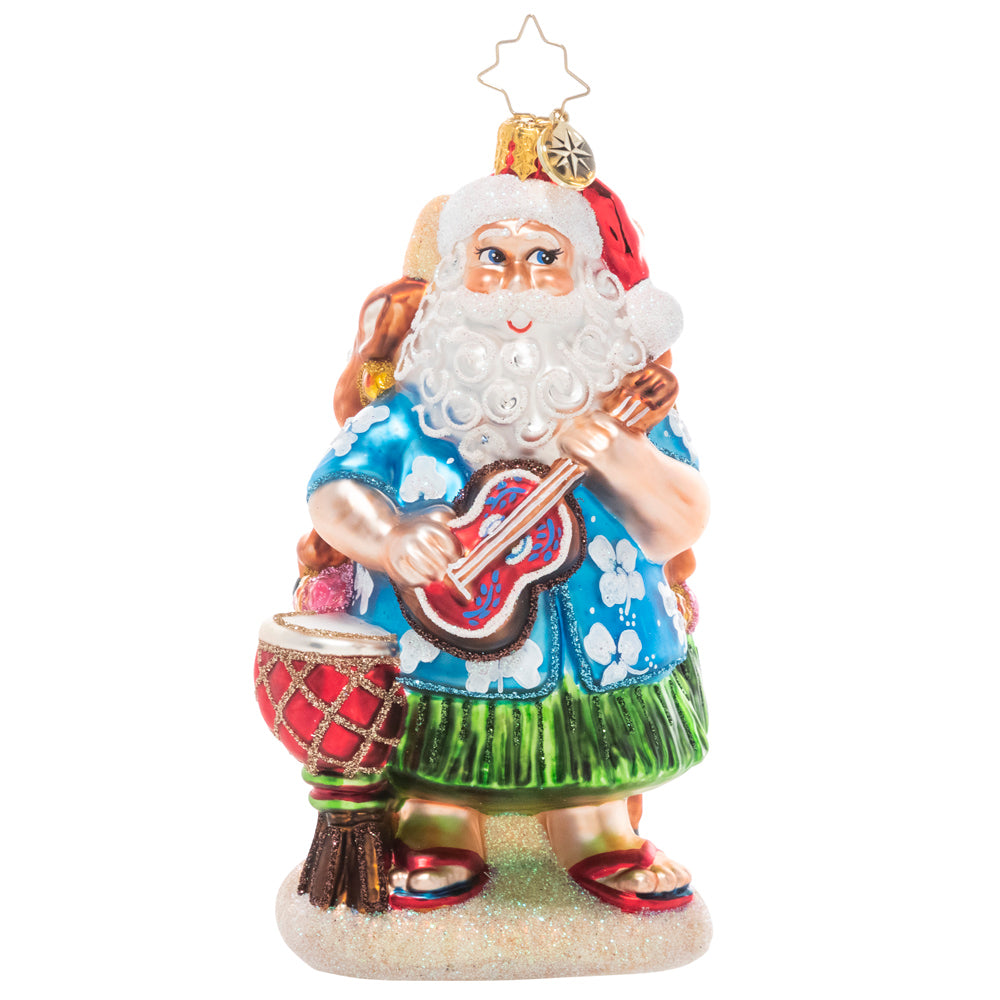 Front - Ornament Description - Ho Ho Hula: Mele Kalikimaka! Santa says "Aloha" from the islands on his annual vacation with his loyal reindeer team – turns out they are not just excellent as sled leaders, but as backup dancers too!