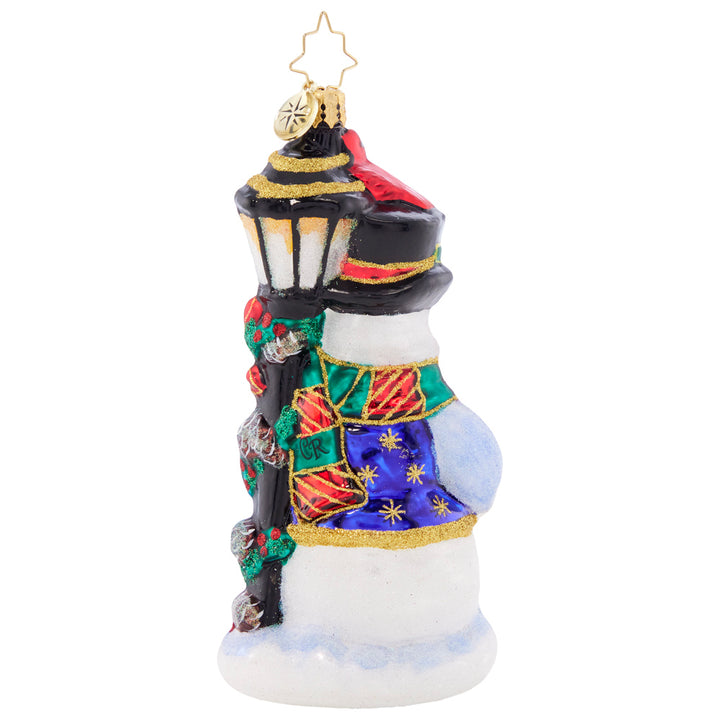 Back - Ornament Description - Feathered Friends Snowman: Birds of a feather flock together! This smiling snowman is a delighfully darling perch for Christmas-red cardinals.