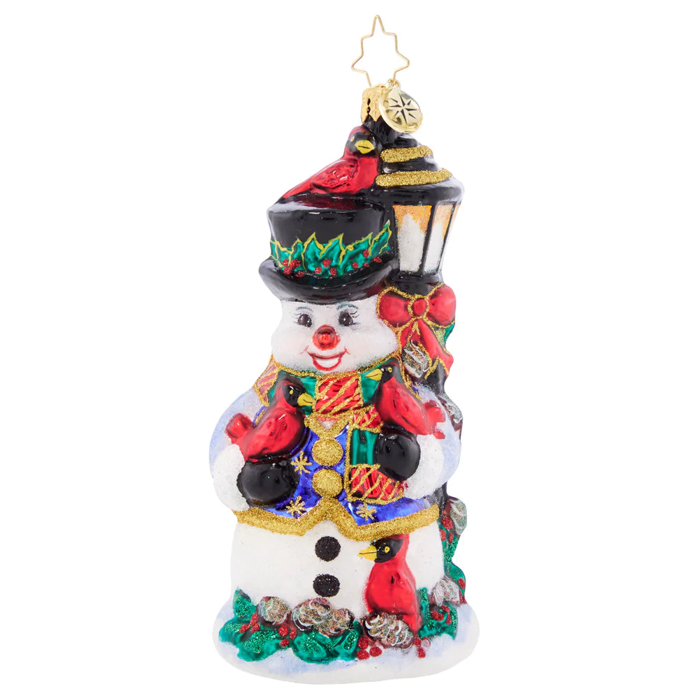 Front - Ornament Description - Feathered Friends Snowman: Birds of a feather flock together! This smiling snowman is a delighfully darling perch for Christmas-red cardinals.