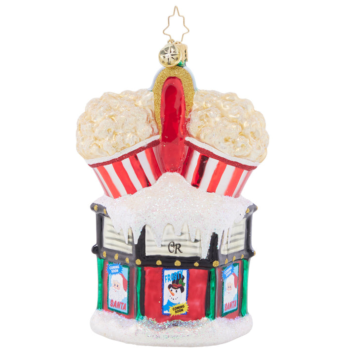 Back - Ornament Description - Marvelous Marquee: Lights, camera, popcorn! Enjoy the classic charm of a cinema this Christmas with a theater-themed ornament. Santa is ready for the big screen!