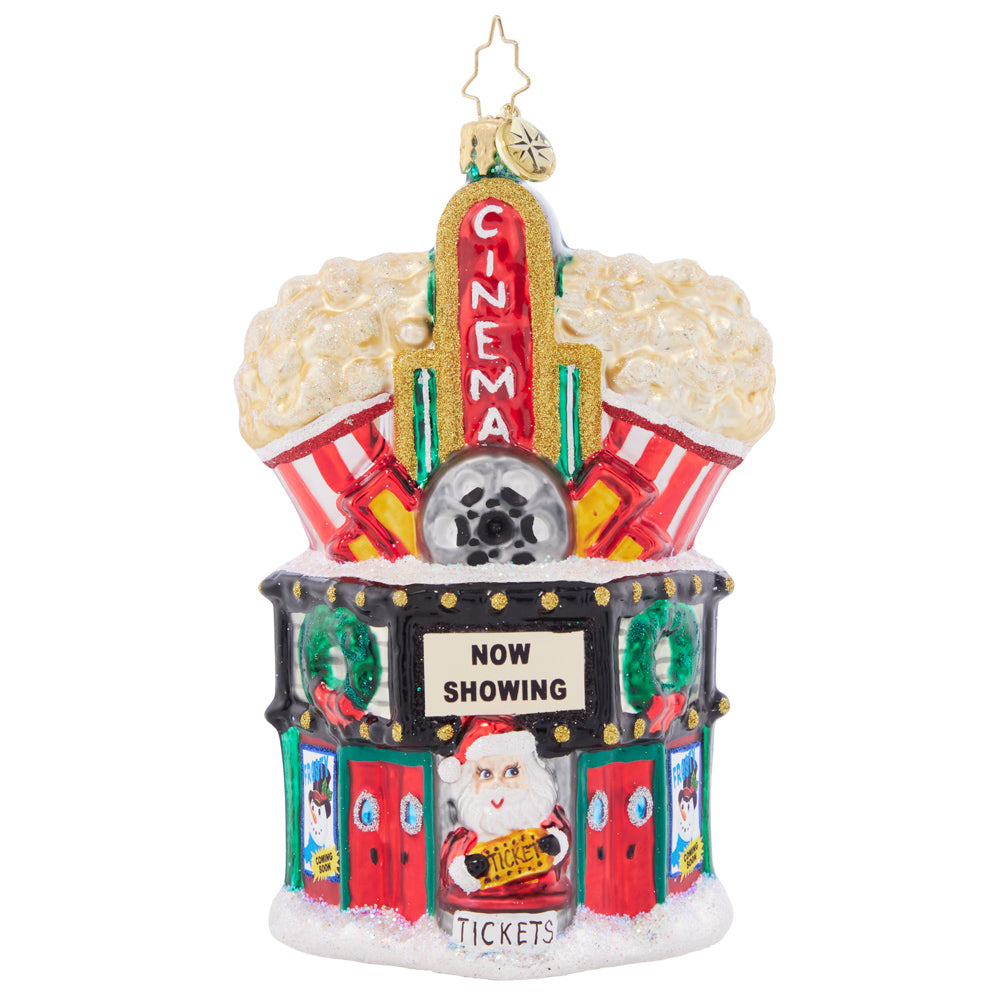 Front - Ornament Description - Marvelous Marquee: Lights, camera, popcorn! Enjoy the classic charm of a cinema this Christmas with a theater-themed ornament. Santa is ready for the big screen!
