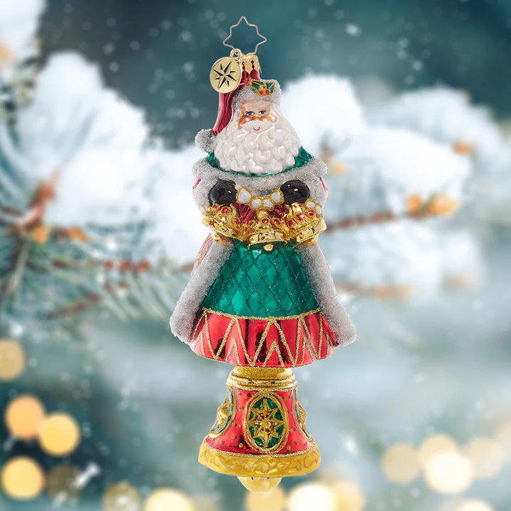 Ornament Description - Bells Will Be Ringing: Santa tolls his golden Christmas bells, ringing with holiday cheer for all to hear!
