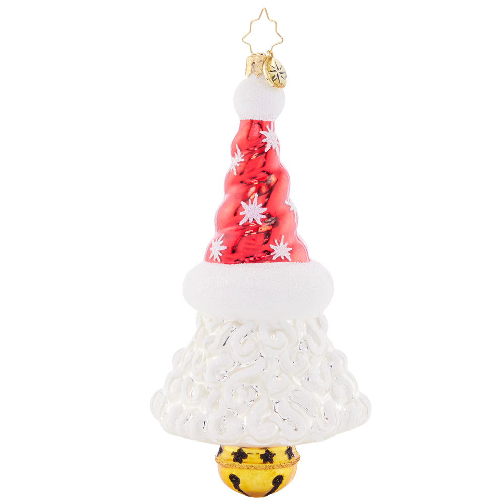 Back - Ornament Description - Sleigh Bell Santa: Sleigh bells ring to tell us what Santa has come to bring…gifts and toys from a bountiful bag of joy! Decorate your tree with this unique bell-shaped ornament.