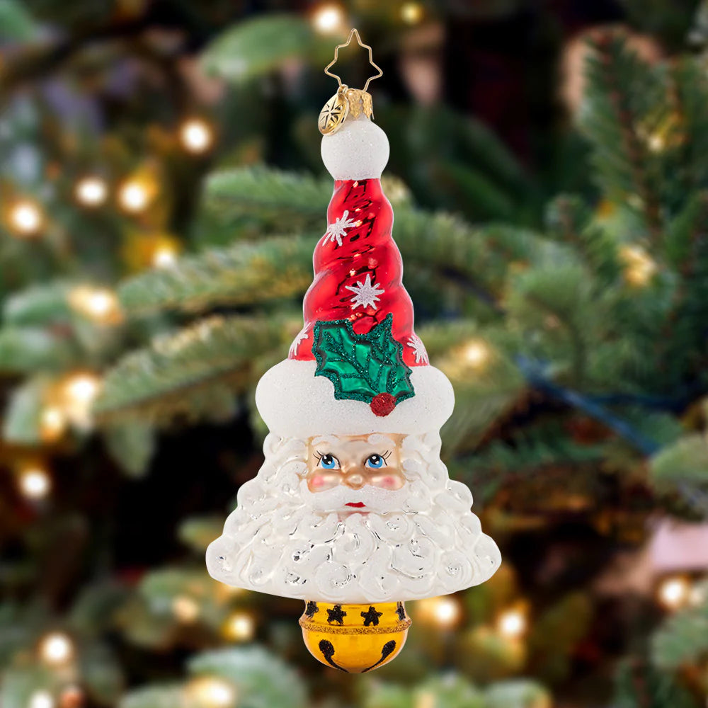 Ornament Description - Sleigh Bell Santa: Sleigh bells ring to tell us what Santa has come to bring…gifts and toys from a bountiful bag of joy! Decorate your tree with this unique bell-shaped ornament.
