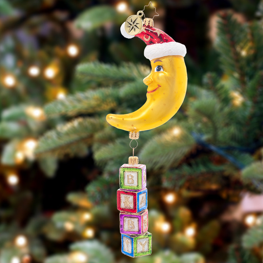 Ornament Description - To The Moon and Back: With classic, colorful baby blocks and a shining crescent moon, this ornament is the perfect way to celebrate your littlest loved one this holiday season.