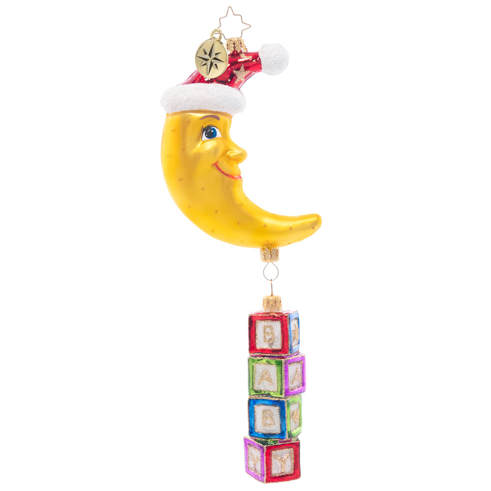 Back - Ornament Description - To The Moon and Back: With classic, colorful baby blocks and a shining crescent moon, this ornament is the perfect way to celebrate your littlest loved one this holiday season.