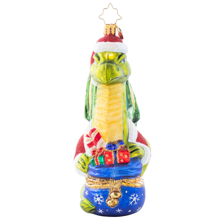 Front View - Ornament Description - Fire-Breathing Friend: Never fear, this majestic green dragon is only here to spread Christmas cheer! He's an absolutely resplendant reptile in a red coat and festive Santa hat.