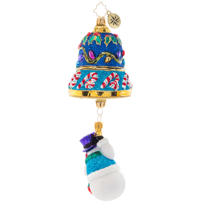 Back - Ornament Description - Frosty Ringer: Dangling delicately from a beautiful blue Christmas bell, this little snow friend is ready to ring in Christmas! Adorned with colorful lights and candycanes, this piece is truly a treat to behold.