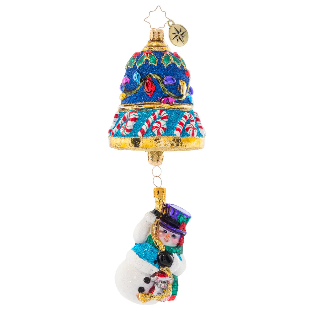 Front - Ornament Description - Frosty Ringer: Dangling delicately from a beautiful blue Christmas bell, this little snow friend is ready to ring in Christmas! Adorned with colorful lights and candycanes, this piece is truly a treat to behold.