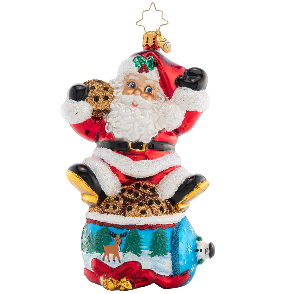 Front - Ornament Description - Santa's Snack Break: Delivering presents all around the world is hard work! Santa is taking a much-needed break atop a cookie jar decorated with a wintertime scene.