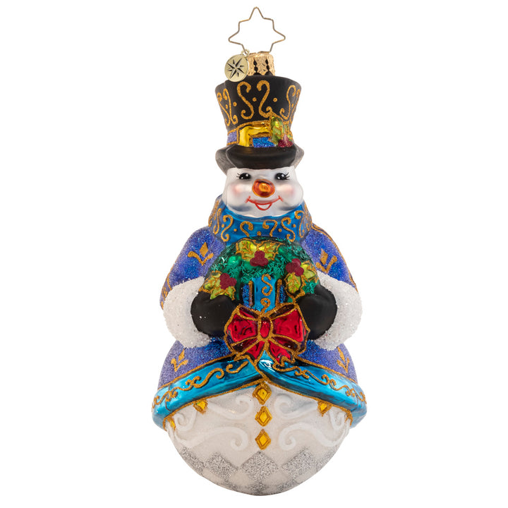 Front - Ornament Description - Winter's Frost Snowman: What a snazzy snowman! With an ornately-glittered winter coat and top hat, this little guy is presenting a glorious gift to place under the tree.