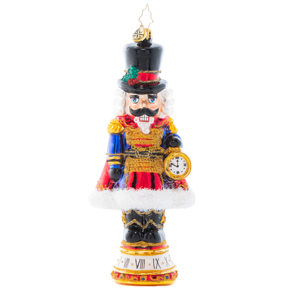Front - Ornament Description - Countdown to Christmas: Keeping time with his golden pocket watch, this stately nutcracker is counting down the minutes until Christmas Day!