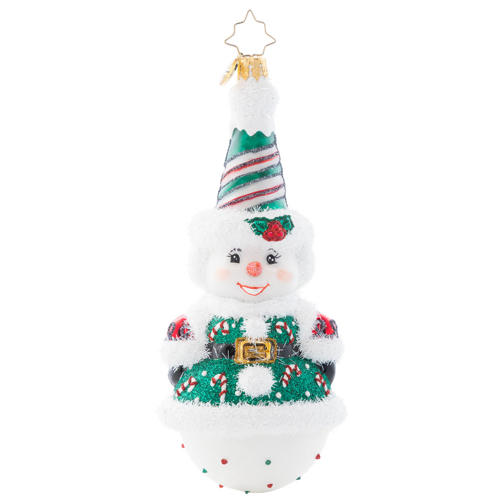 Back - Ornament Description - Twice As Nice Snowman: This snowman is anything but two-faced – he's actually twice as cheerful! With peppermint swirls and cute candy canes, this dual-sided piece is perfect from every angle.