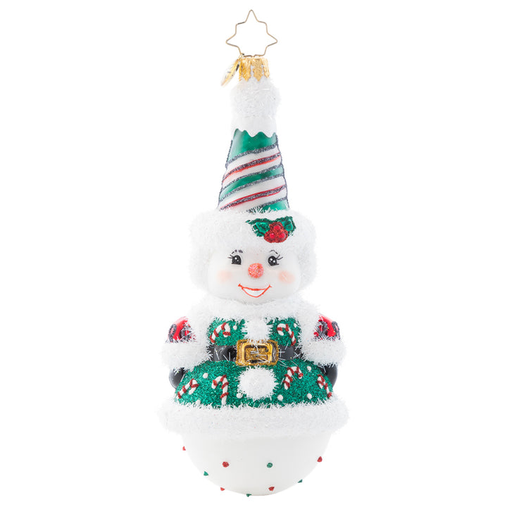 Back - Ornament Description - Twice As Nice Snowman: This snowman is anything but two-faced – he's actually twice as cheerful! With peppermint swirls and cute candy canes, this dual-sided piece is perfect from every angle.