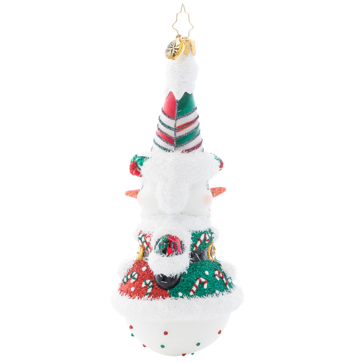 Side View - Ornament Description - Twice As Nice Snowman: This snowman is anything but two-faced – he's actually twice as cheerful! With peppermint swirls and cute candy canes, this dual-sided piece is perfect from every angle.
