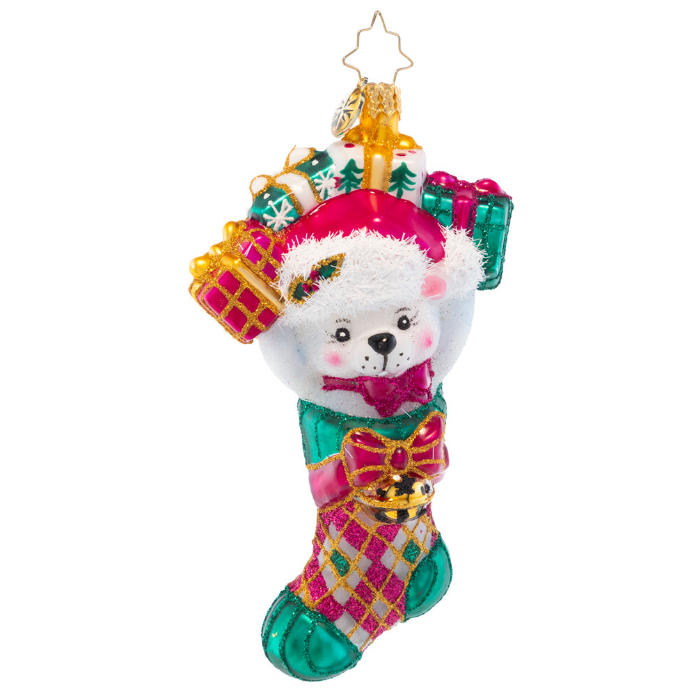 Front - Ornament Description - Stocking Stuffer: A polar bear surprise is a welcomed holiday prize! With gifts in store in this stocking, that'll have all the recipients talking.