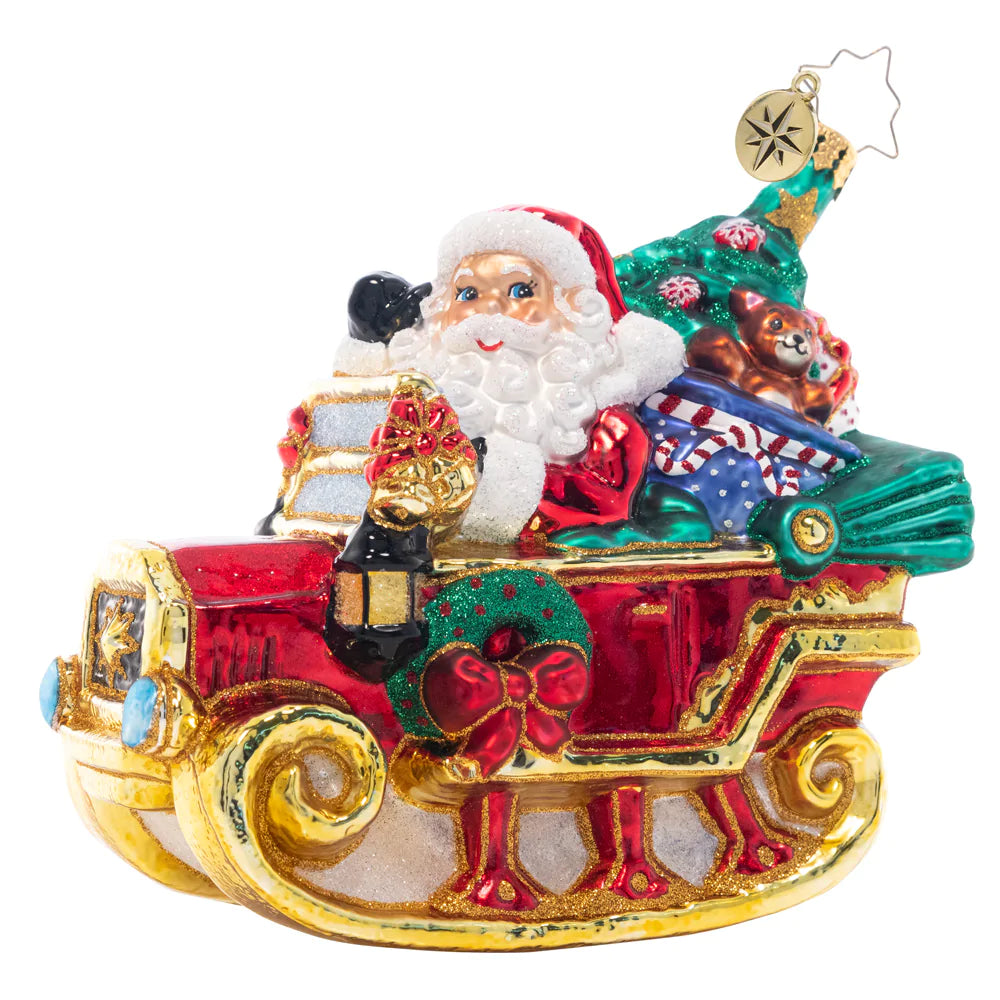 Front - Ornament Description - Ready to Ride Santa: Beep beep! Santa's droptop sleigh-mobile is modeled after a vintage car. He'll have no problem getting through the snowy night in this sweet ride!