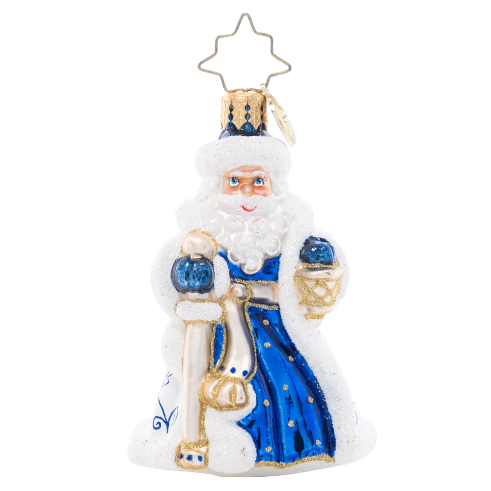 Front - Ornament Description - Cheerful Chinoiserie Santa Gem: This stunning Santa is decorated with a charming Chinoiserie pattern – a wonderful way to bring whimsy and elegance to your tree.
