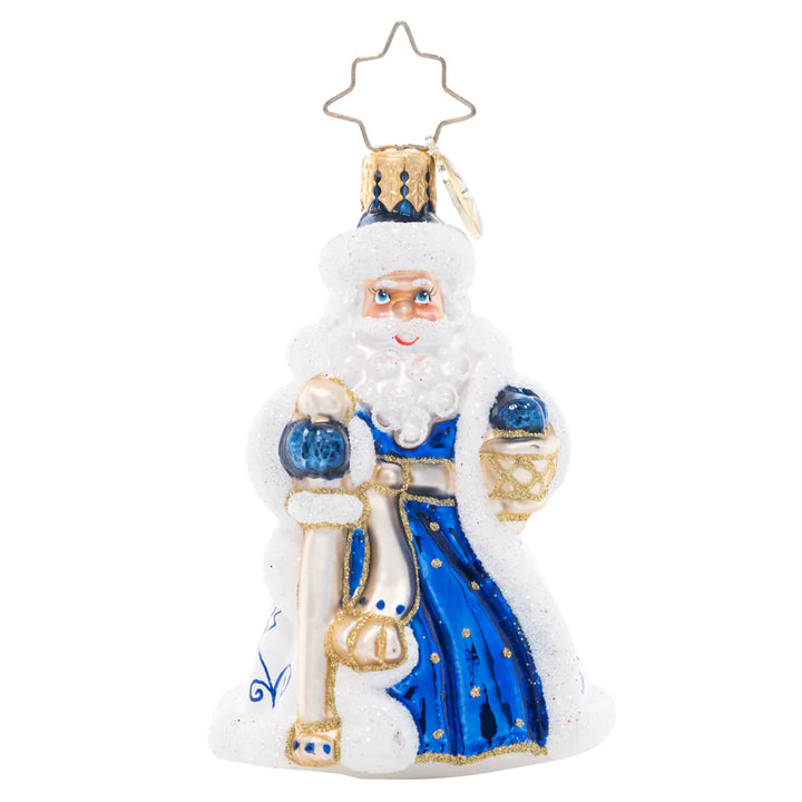 Front - Ornament Description - Cheerful Chinoiserie Santa Gem: This stunning Santa is decorated with a charming Chinoiserie pattern – a wonderful way to bring whimsy and elegance to your tree.