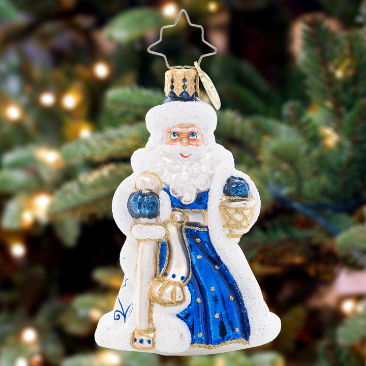 Ornament Description - Cheerful Chinoiserie Santa Gem: This stunning Santa is decorated with a charming Chinoiserie pattern – a wonderful way to bring whimsy and elegance to your tree.