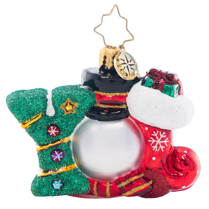 Back - Ornament Description - A Joyful Holiday Gem: You can't spell "jolly" without J-O-Y! A similing smowman peeks out from this joyous Little Gem, which spells out the spirit of the holiday season.