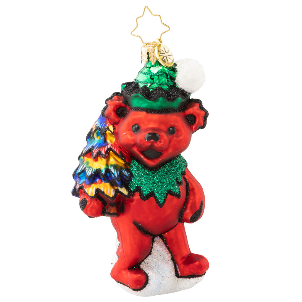 Ornament Description - Grateful Dead Technicolor Tree Dancing Bear: This Dancing Bear set out to discover the wonders of nature, and just what did he find? One tie-dyed tree in a forest of plain pines! Wait till his bear buddies get a load of this: more proof that holiday magic exists.