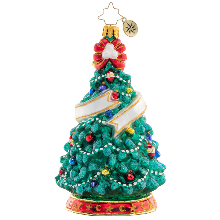 Back - Ornament Description - Tot's First Tree: Adorned with an adorable teddy bear and radiant rocking horse, this festive tree commemorates baby's first Christmas.