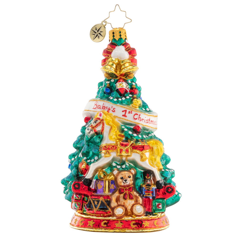 Front - Ornament Description - Tot's First Tree: Adorned with an adorable teddy bear and radiant rocking horse, this festive tree commemorates baby's first Christmas.