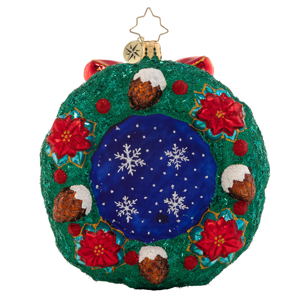 Back - Ornament Description - Christmas Cheer Wreath: Decked out with darling ornaments, snow-covered acorns, and ruby-red poinsettias, this wreath is chock-full of Christmas cheer! Decorate your tree with this classic holiday piece.