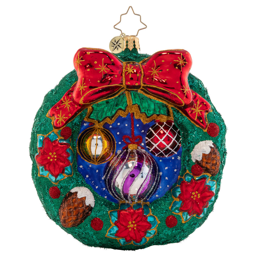 Front - Ornament Description - Christmas Cheer Wreath: Decked out with darling ornaments, snow-covered acorns, and ruby-red poinsettias, this wreath is chock-full of Christmas cheer! Decorate your tree with this classic holiday piece.