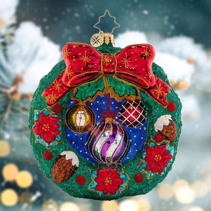 Ornament Description - Christmas Cheer Wreath: Decked out with darling ornaments, snow-covered acorns, and ruby-red poinsettias, this wreath is chock-full of Christmas cheer! Decorate your tree with this classic holiday piece.