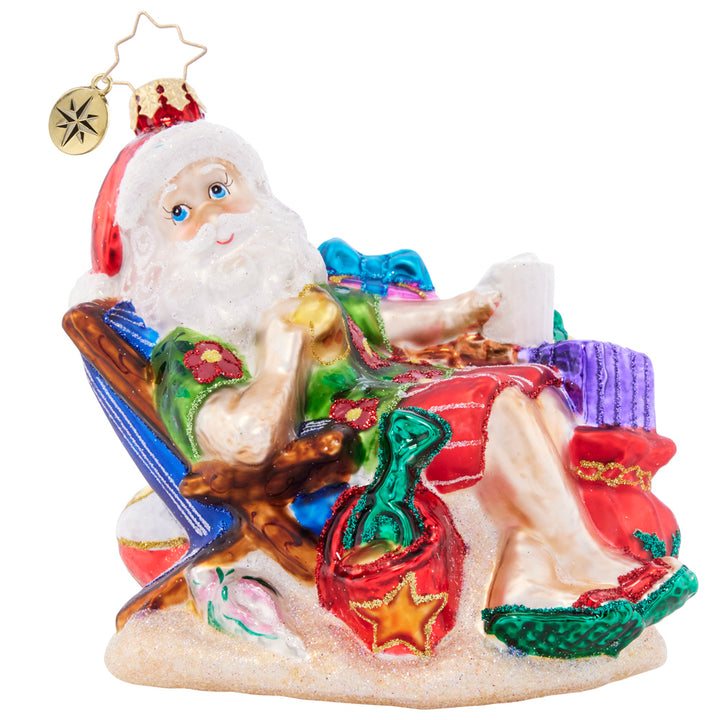 Front - Ornament Description - Beach Bum Santa: Santa is kicking his feet up and watching the waves for a post-holiday vacay. The North Pole is pretty chilly this time of year, so he's excited for surf and sun with a little Christmas fun!