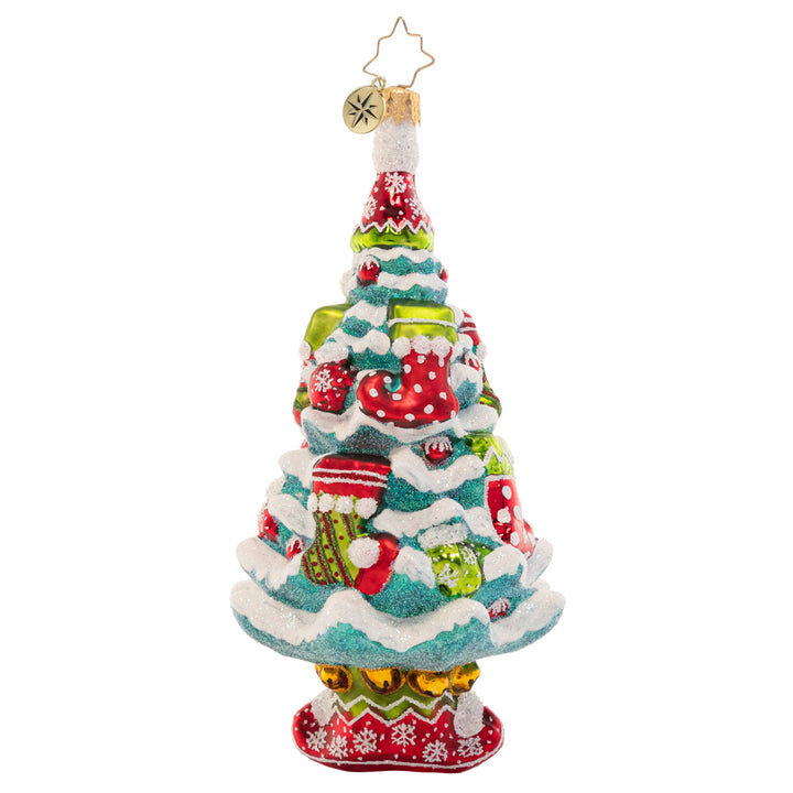 Front - Ornament Description - Santa's Helpers Tree: Tastefully trimmed in elfin stockings and boots, this cheerful Christmas tree is the perfect place to showcase Santa's gifts! Afterall, his helpers did build the toys…