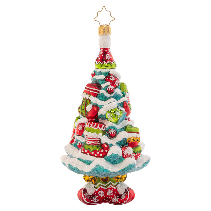 Back - Ornament Description - Santa's Helpers Tree: Tastefully trimmed in elfin stockings and boots, this cheerful Christmas tree is the perfect place to showcase Santa's gifts! Afterall, his helpers did build the toys…