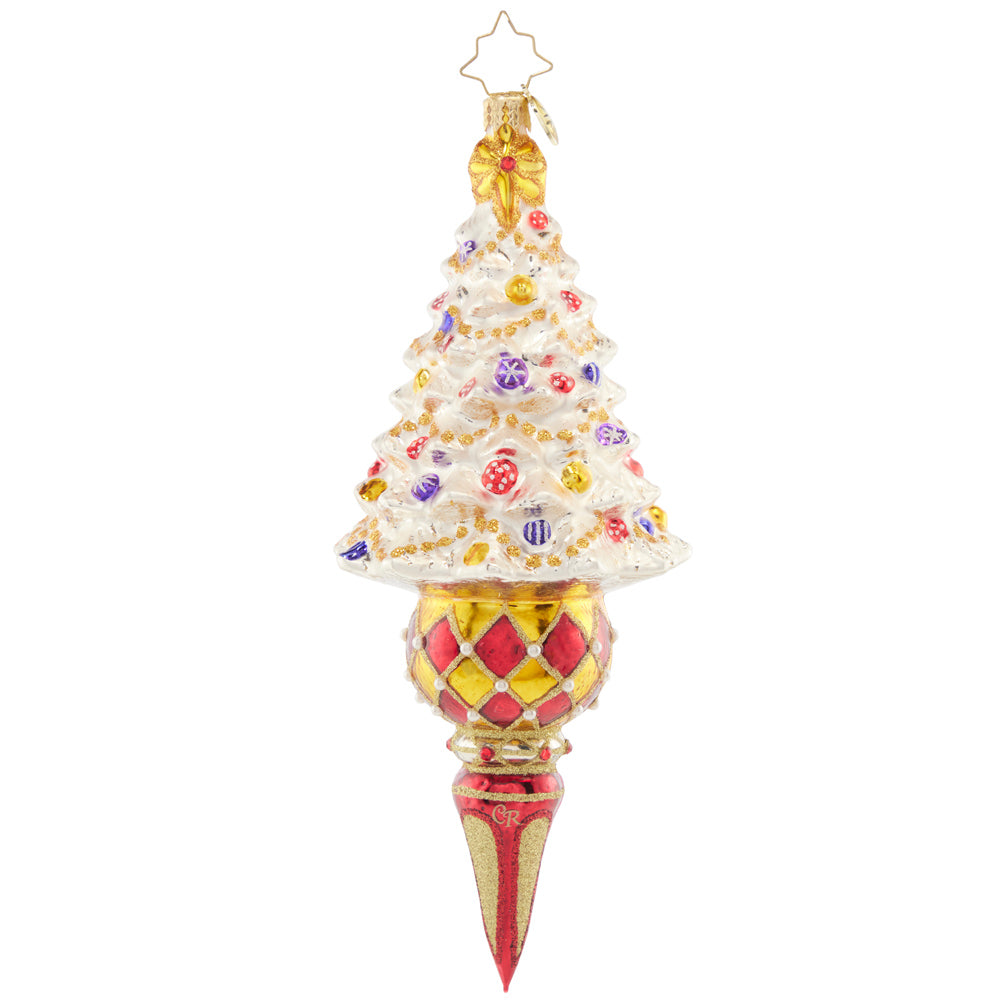 Back - Ornament Description - Winter Elegance Tree: This tastefully-trimmed snow white tree glitters with gems and tinsel atop an elegant drop-shaped base. Add elegance and flair to your collection with this standout piece.
