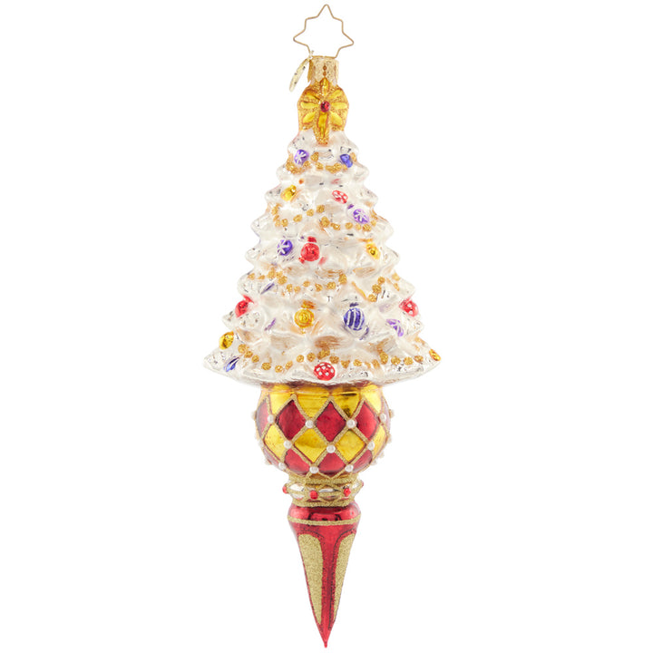 Front - Ornament Description - Winter Elegance Tree: This tastefully-trimmed snow white tree glitters with gems and tinsel atop an elegant drop-shaped base. Add elegance and flair to your collection with this standout piece.