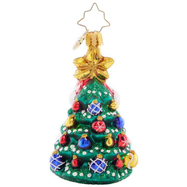 Back - Ornament Description - Christmas All Around Gem: This clever Christmas ornament features two classic icons of the holiday season – a smiling Santa Claus and a tastefully-trimmed tree! This lovely Little Gem can be appreciated from all angles.