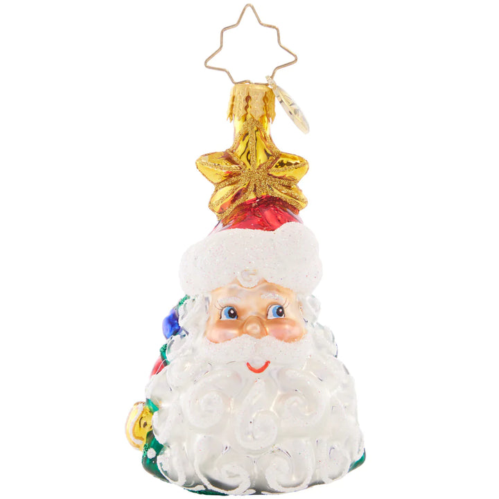 Front - Ornament Description - Christmas All Around Gem: This clever Christmas ornament features two classic icons of the holiday season – a smiling Santa Claus and a tastefully-trimmed tree! This lovely Little Gem can be appreciated from all angles.