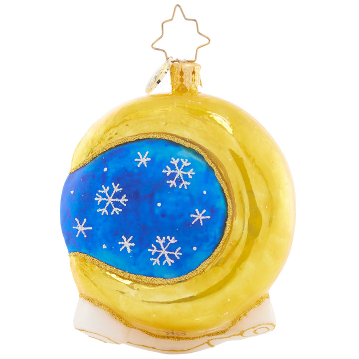 Back - Ornament Description - Crescent Moon Christmas Gem: Guided by the light of the crescent moon on freshly-fallen snow, Santa glides from rooftop to rooftop to deliver gifts to all the good little boys and girls on Christmas Eve.