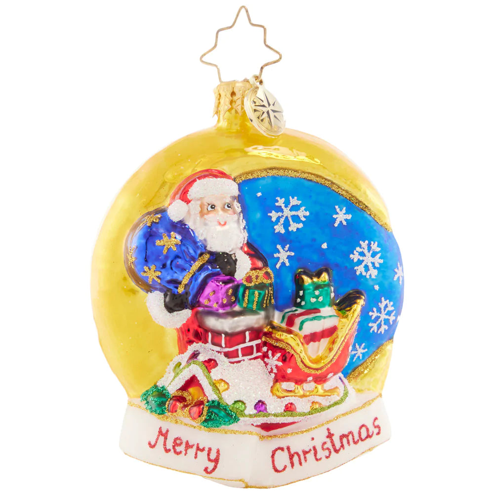 Front - Ornament Description - Crescent Moon Christmas Gem: Guided by the light of the crescent moon on freshly-fallen snow, Santa glides from rooftop to rooftop to deliver gifts to all the good little boys and girls on Christmas Eve.